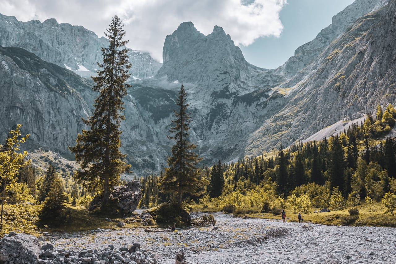 A picturesque landscape of the Wetterstein Mountains in Bavaria, Germany, during summer.